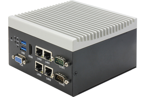 Przemysłowe 4-portowe urządzenie sieciowe do montażu na szynę DIN, Atom x6425E, HDMI, VGA, 4LAN, 2USB, Mini-Card, SIM, 9~48V, -40°C~75°C